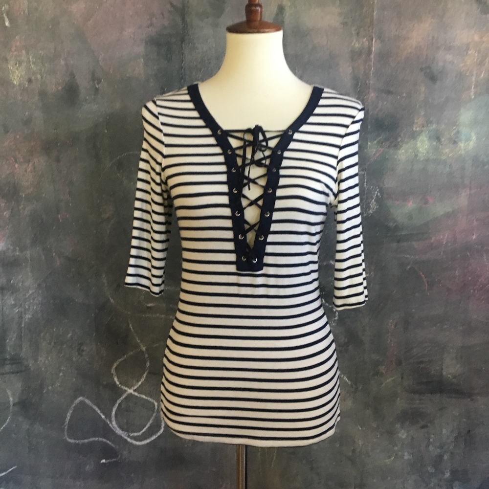 Navy/White Sailor Striped Sexy Lace-Up Top